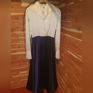 Vintage 70s Ben De Lisi Satin Navy Blue and White Long Sleeve Dress With Belt
